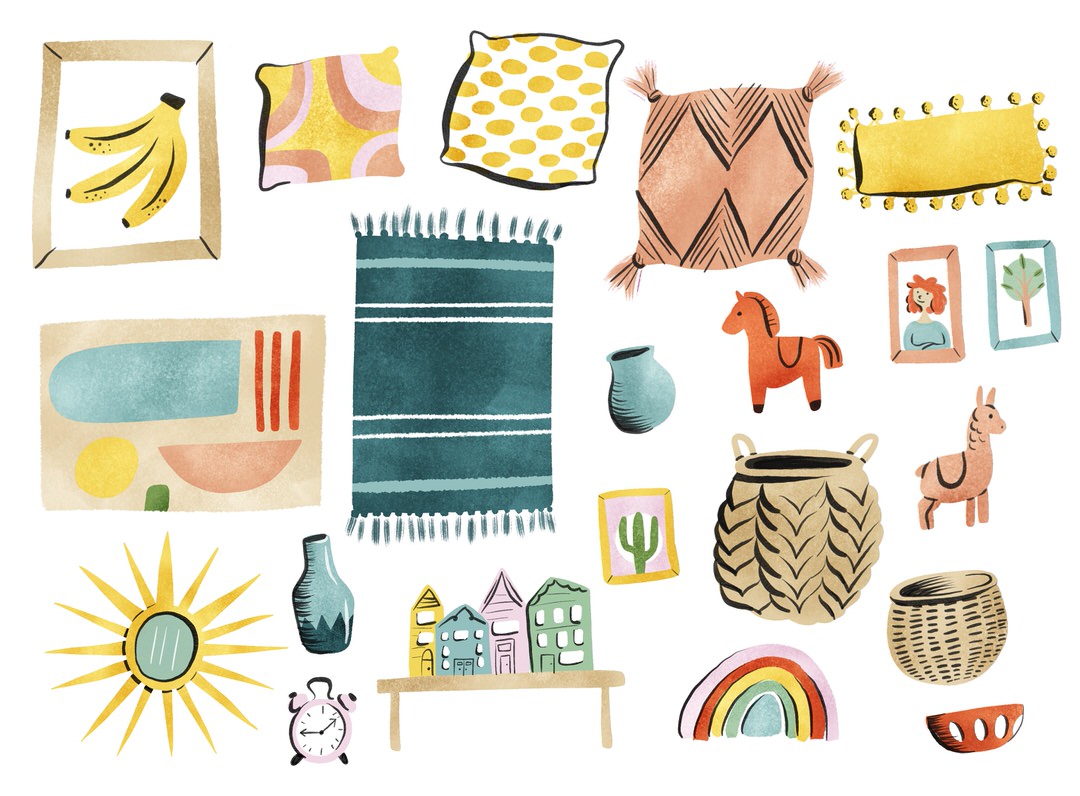 My fully colored decor studies. I'm working on a limited color palette for this illustration.