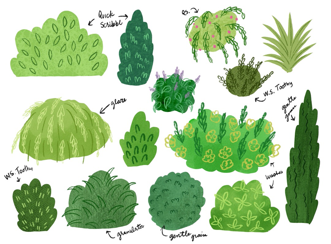 Coloring in the shrubs and experimenting with texture some more